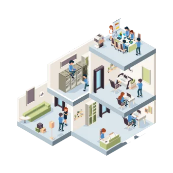 Isometric illustration of a multi-tiered office building, showcasing workers using AV equipment, representing TWIST IST as a leading audio visual company near me.